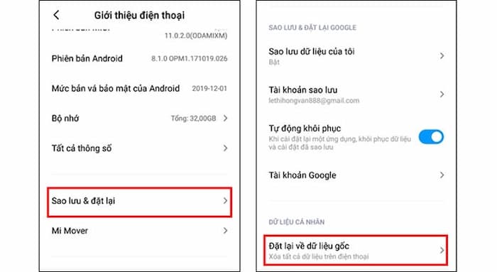 Chọn Sao lưu & đặt lại và chọn đặt lại về dữ liệu gốc