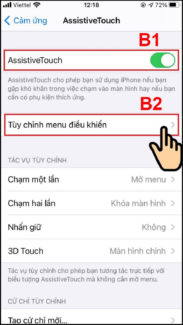 cài đặt nút home ảo Chọn Tùy chỉnh menu điều khiển và chọn tính năng