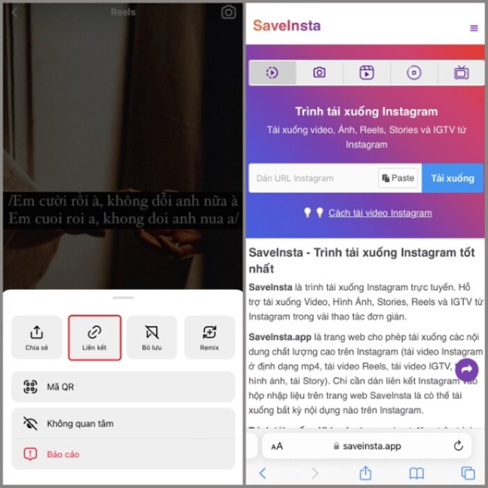 Sao chép liên kết và truy cập SaveInsta